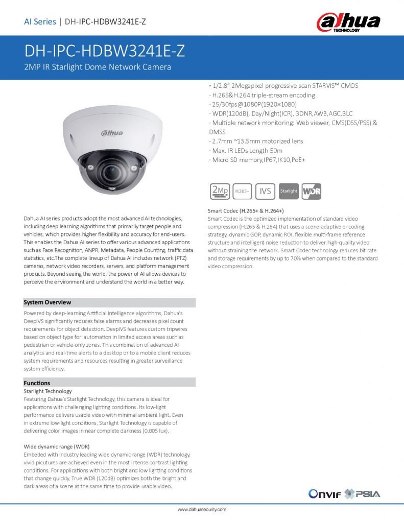 Telecamera IP AI Dahua Starlight 2MP, 2.8mm, PoE, Visione Notturna 50m, Modello IPC-HDBW3241E-S