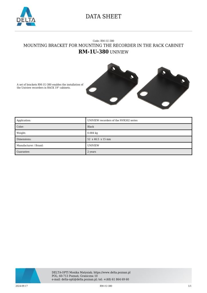 Uniview RM-1U-380 19 Rackmount Bracket